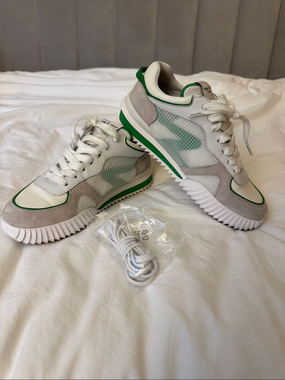 rag & bone White and Green Mesh Suede Runner Sneakers